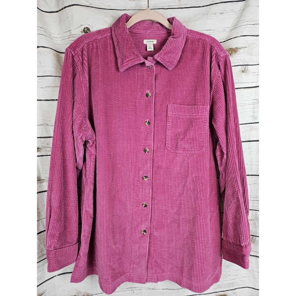 LL Bean Pink Thick Wide Whale Corduroy Shirt L Womens Shacket Button Down
